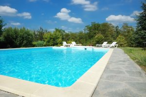 Home swimming pool with grass and trees surrounding it
